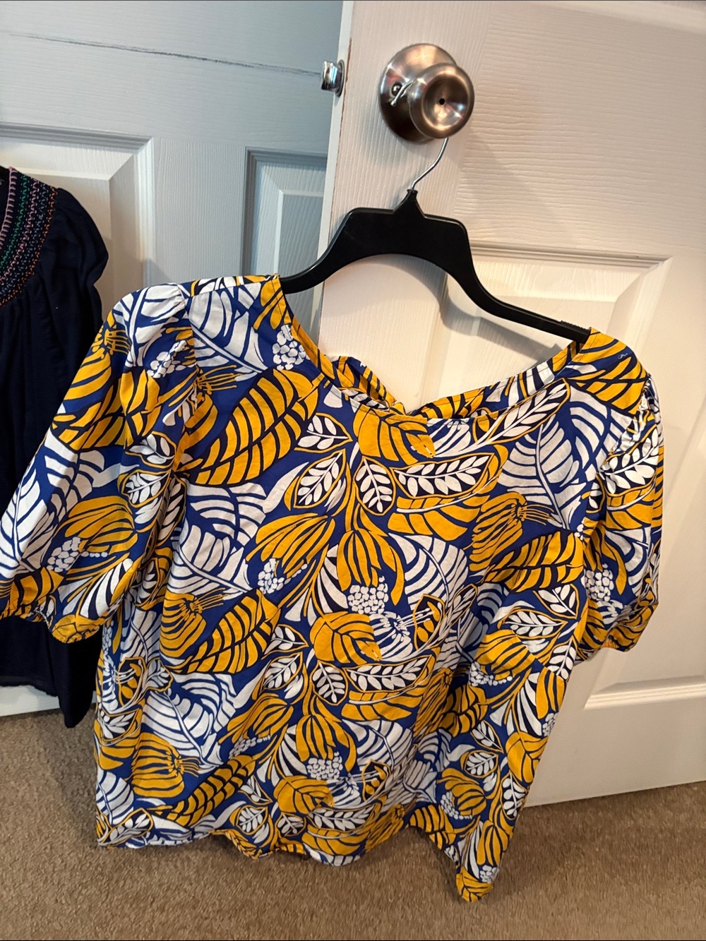 Talbots Yellow and Navy Leaf-Print Blouse